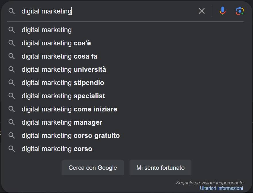 google suggest: esempio digital marketing